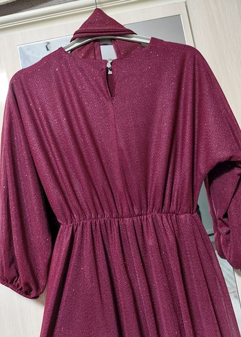 Bordo Uzun Drapeli parlak  Kadın Elbise - Görsel 4