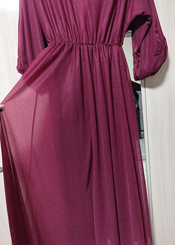 Bordo Uzun Drapeli parlak  Kadın Elbise - Görsel 3