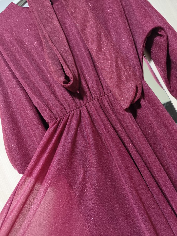 Bordo Uzun Drapeli parlak  Kadın Elbise - Görsel 2