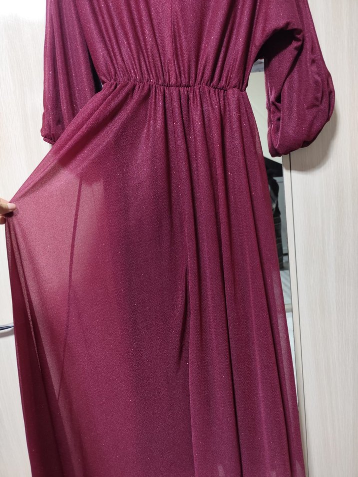 Bordo Uzun Drapeli parlak  Kadın Elbise - Görsel 3