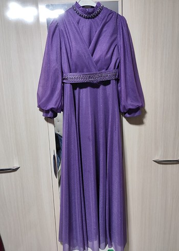 Parlak Mor Uzun Kollu Kadın Abiye Elbise - Görsel 2