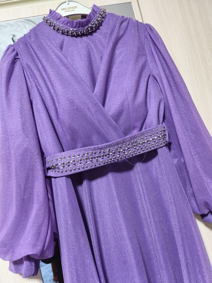 Parlak Mor Uzun Kollu Kadın Abiye Elbise - Görsel 3