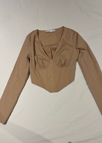 xs Beden Bershka Bej V Yaka Uzun Kollu Kadın Bluz