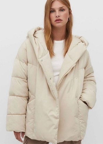 Stradivarius Stradivarius Bej Kadın Puf Mont, Midi Boy, Basic Model