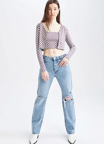 Defacto Mor-Yeşil Damalı Aşırı Tatlı Renk Slim Fit Crop Hırka