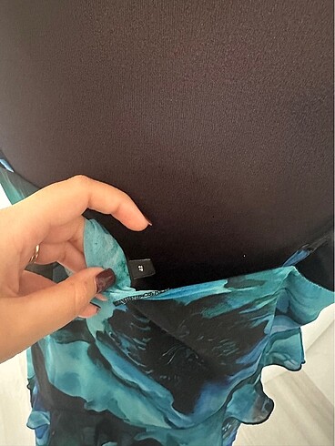 l Beden mavi Renk fırfır detaylı, çiçekli elbise