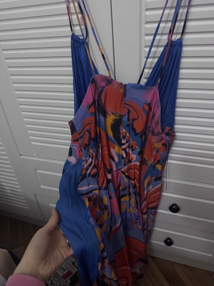 Mavi Çok Renkli Bohem Uzun Askılı Elbise - Görsel 4