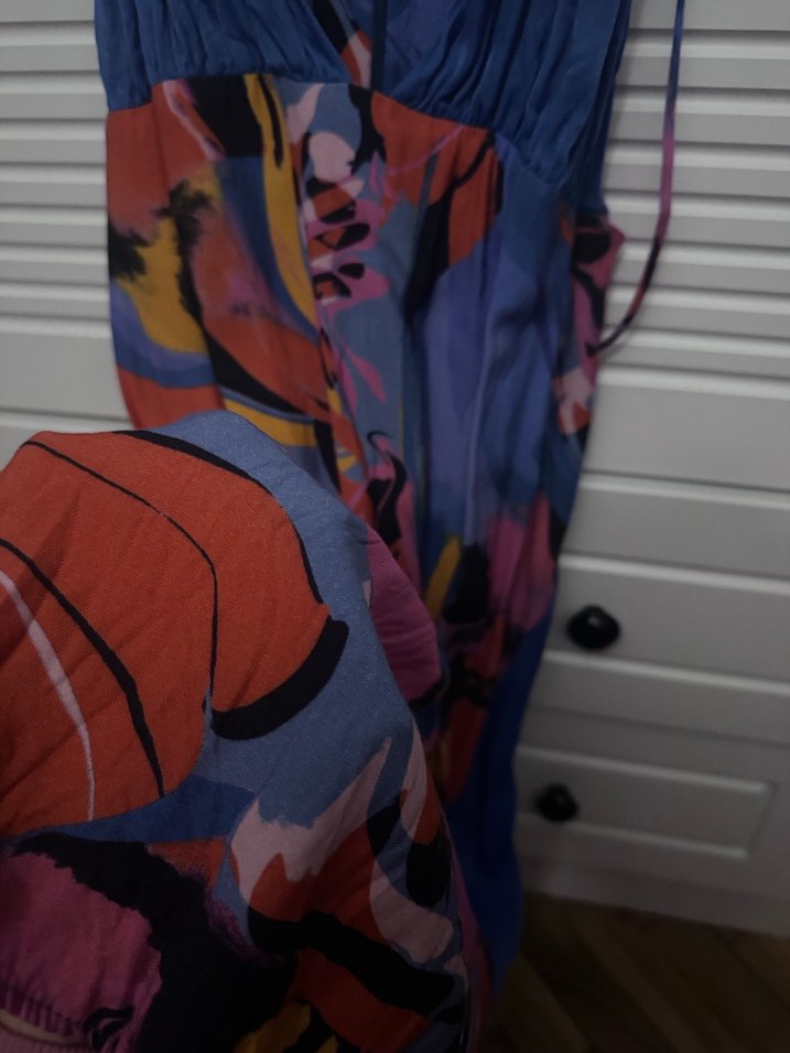 Mavi Çok Renkli Bohem Uzun Askılı Elbise - Görsel 2