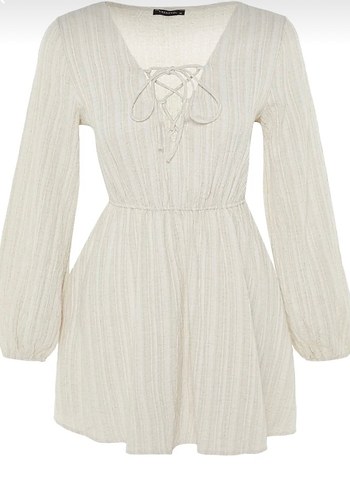 Uzun Kollu Beyaz Çizgili dokuma keten karışımlı plaj elbisesi - Görsel 2