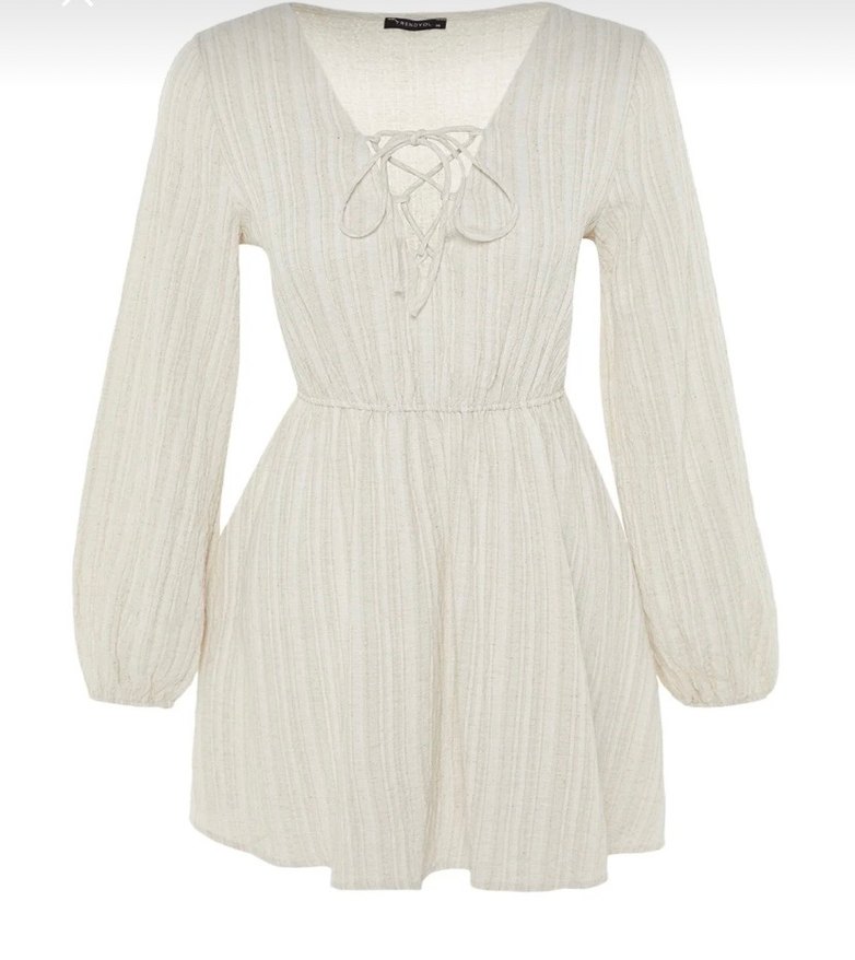 Uzun Kollu Beyaz Çizgili dokuma keten karışımlı plaj elbisesi - Görsel 2