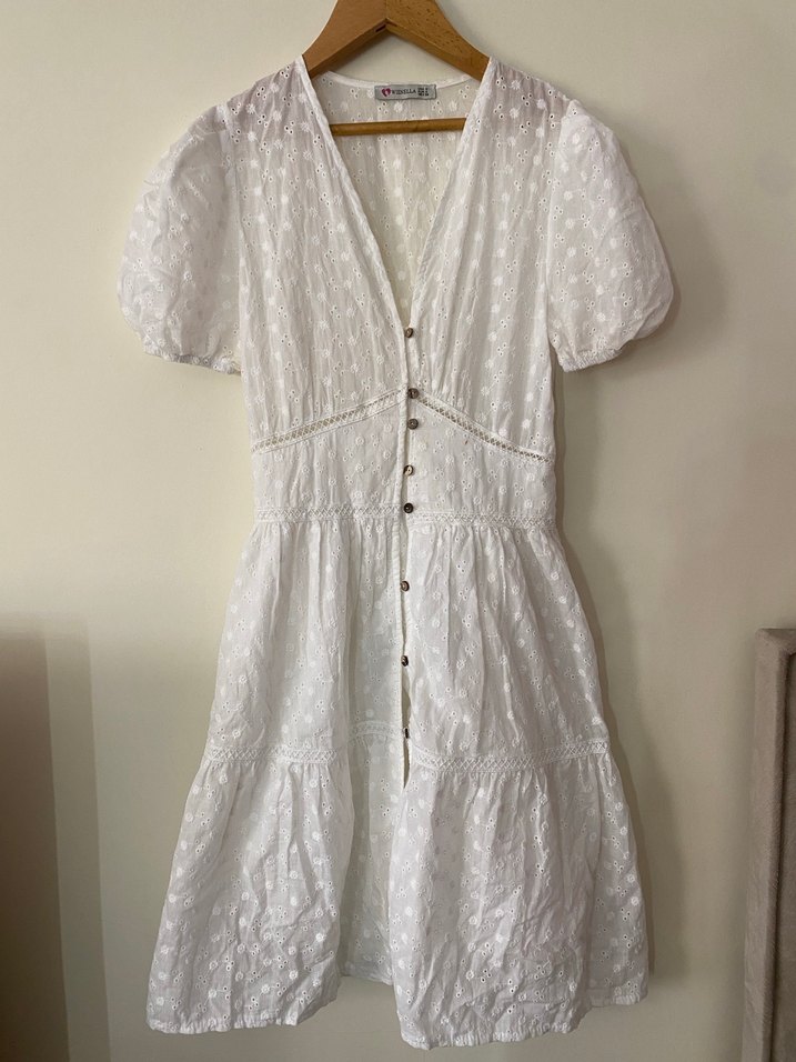 Nakışlı V Yakalı Bohem Keten elbise - Görsel 2