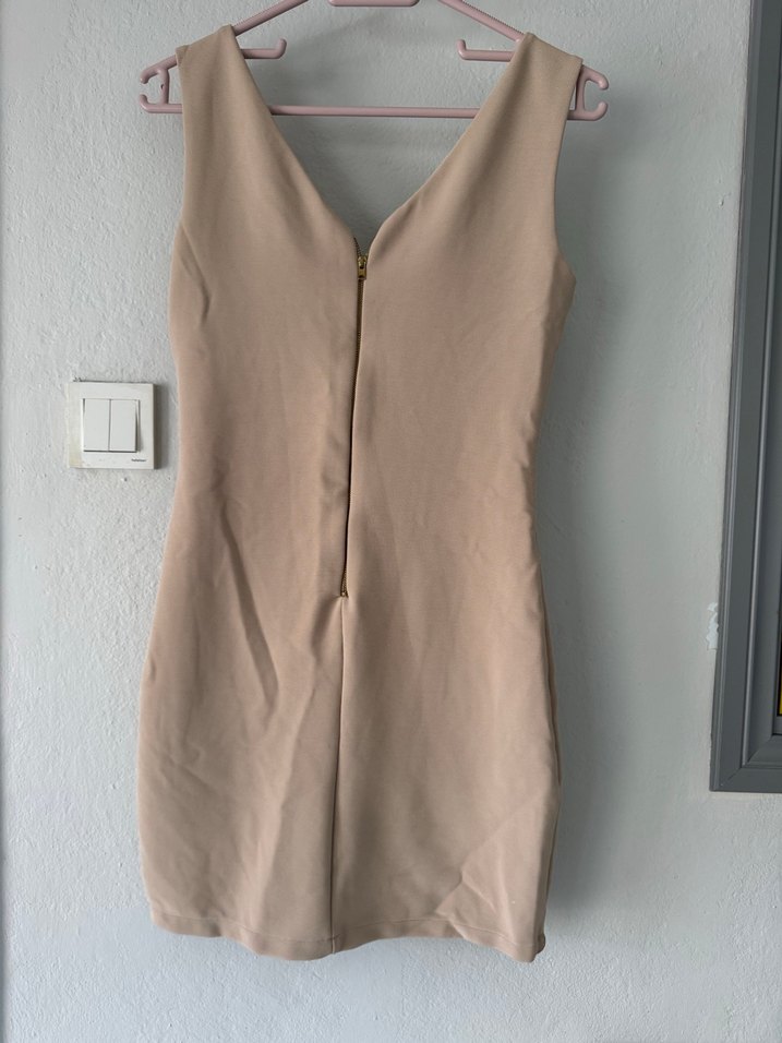 Bej V Yakalı Midi Kadın Elbise - Görsel 2