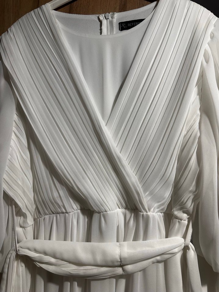 Beyaz  Drapeli Uzun Elbise - Görsel 3