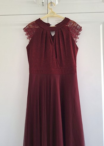 Bordo Dantel Detaylı Midi Abiye Elbise