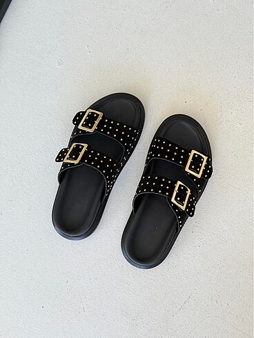 Birkenstock Deri gold zımbalı tokalı terlikler zr model