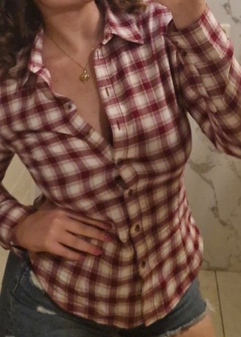 Bordo Kareli Pamuklu Kadın Gömlek - Görsel 2