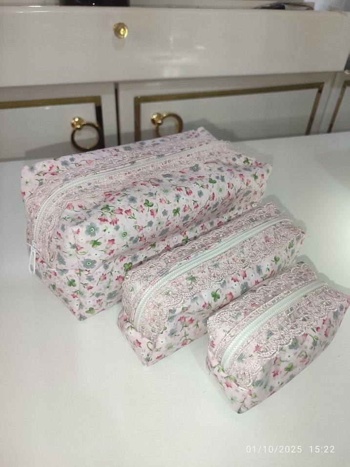 Dantel Detaylı Pembe Çiçek Desenli Makyaj Çantası - Görsel 3