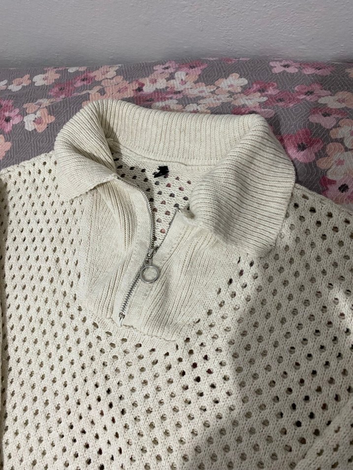 Yarım Fermuarlı Örgü Beyaz Kadın Kazak - Görsel 4