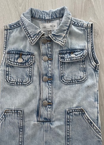 Gri Batik Desenli Kız Çocuk Denim Tulum - Görsel 3