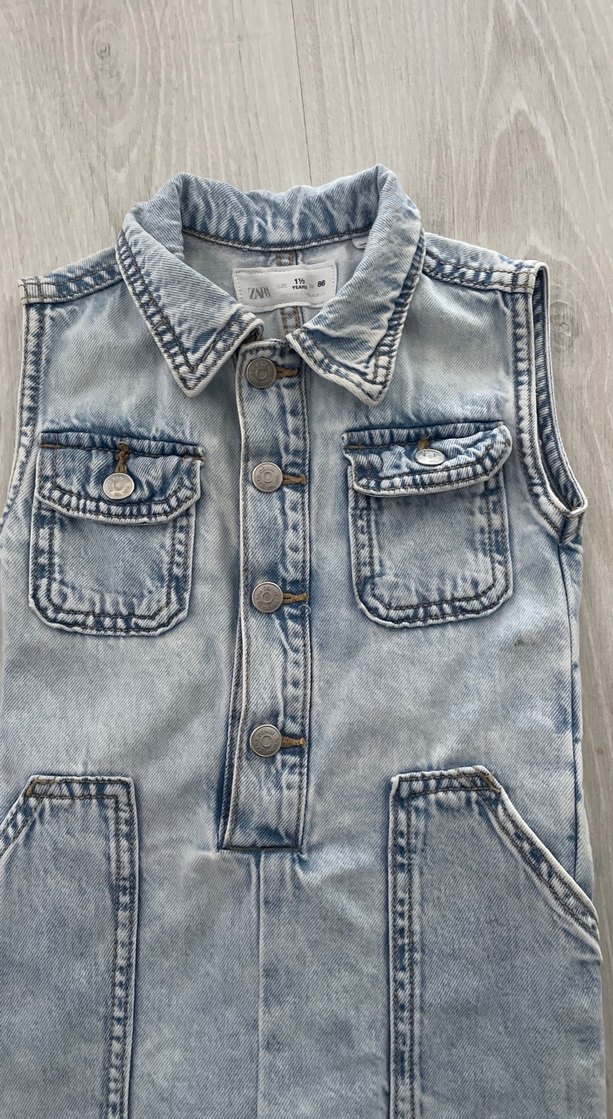 Gri Batik Desenli Kız Çocuk Denim Tulum - Görsel 3