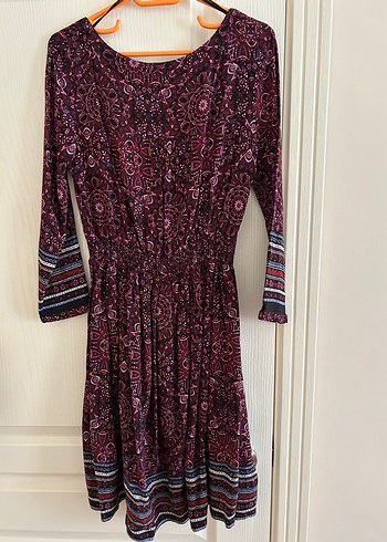 Bordo Uzun Kollu Bohem Düğmeli Elbise - Görsel 4