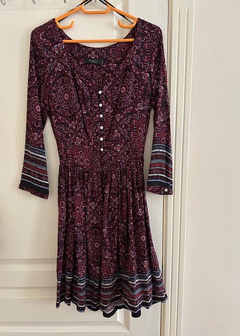 Bordo Uzun Kollu Bohem Düğmeli Elbise - Görsel 2