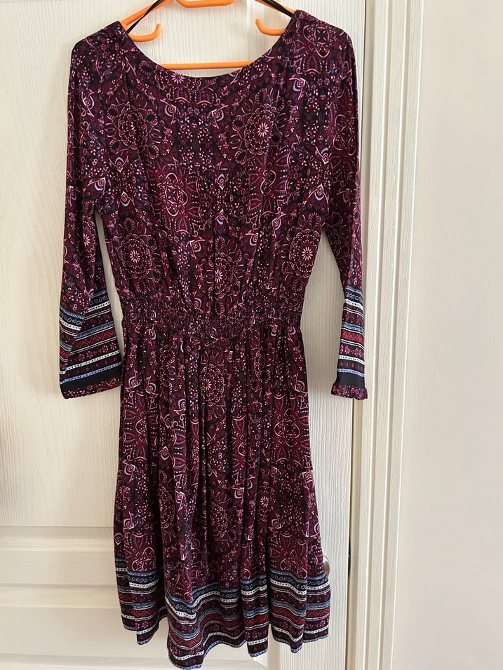 Bordo Uzun Kollu Bohem Düğmeli Elbise - Görsel 4