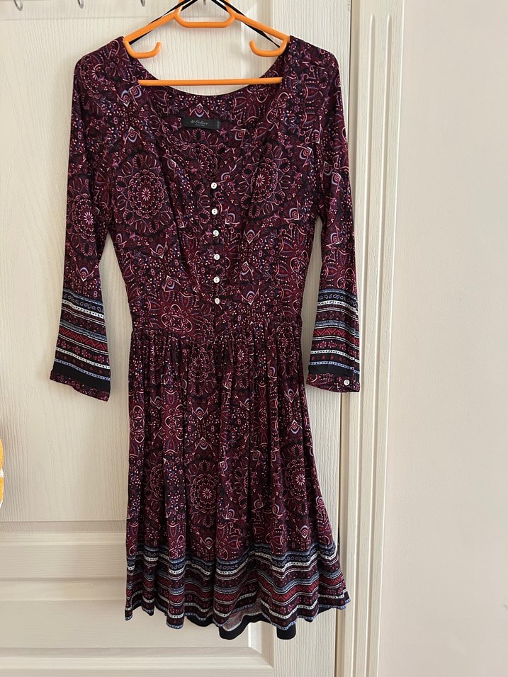 Bordo Uzun Kollu Bohem Düğmeli Elbise - Görsel 2