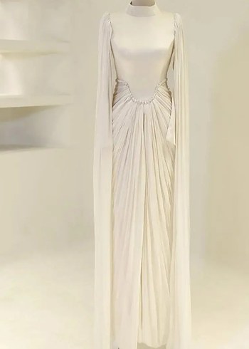 Beyaz Drapeli Yüksek Yaka Uzun Kadın Abiye - Görsel 3