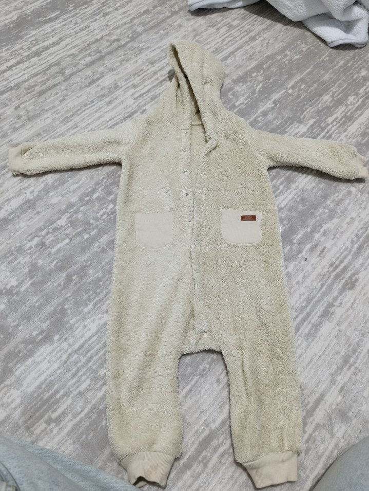 Peluş Kapüşonlu Gri Bebek Tulumu - Görsel 2