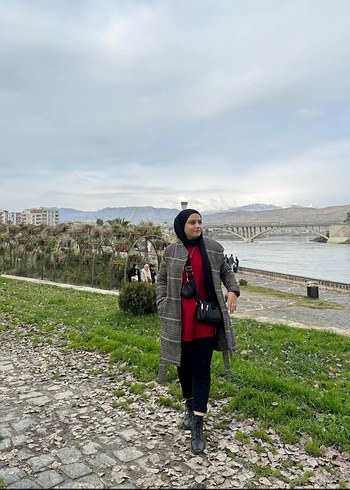 Gri Desenli Kemerli Midi Kadın Kaban - Görsel 2