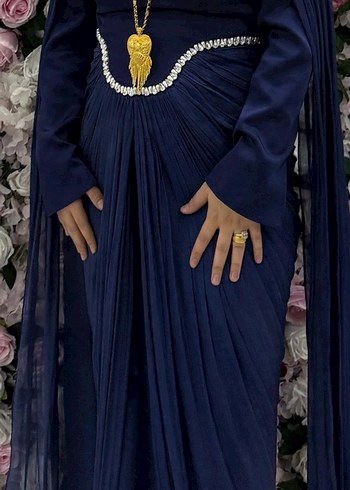 Drapeli Lacivert Uzun Abiye Elbise - Görsel 2