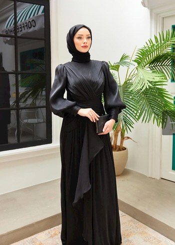Siyah Drapeli Uzun Kadın Elbise - Görsel 3