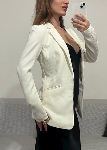 34 Beden Düğmeli Beyaz Kadın Blazer Ceket