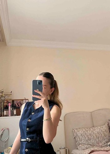xs Beden Düğmeli Lacivert Denim Kadın Yelek
