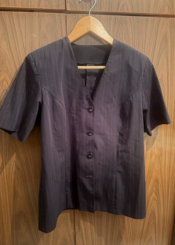 Düğmeli Çizgili Kısa Kollu Kadın Blazer - Görsel 2