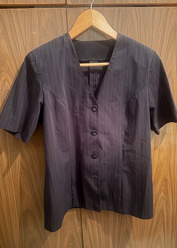 Düğmeli Çizgili Kısa Kollu Kadın Blazer - Görsel 3