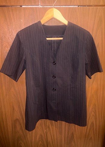 Düğmeli Çizgili Kısa Kollu Kadın Blazer - Görsel 4