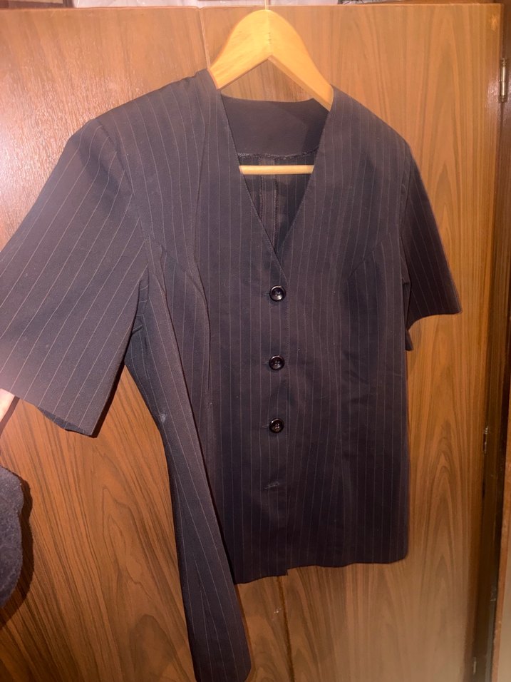 Düğmeli Çizgili Kısa Kollu Kadın Blazer - Görsel 5