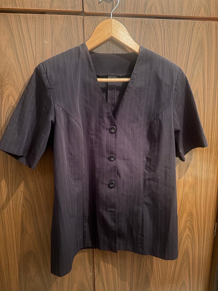 Düğmeli Çizgili Kısa Kollu Kadın Blazer - Görsel 2