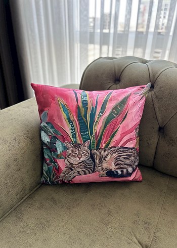 Pembe Bohem Desenli Kedi Baskılı Kırlent