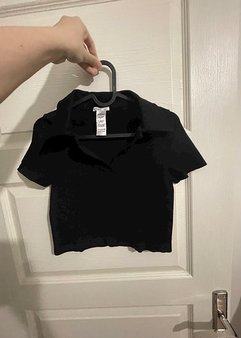 Siyah Kısa Kollu Crop Polo Tişört