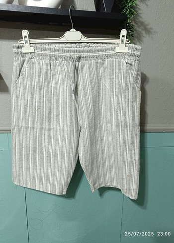 erkek Bej Çizgili Keten Pantolon kapri - Görsel 5