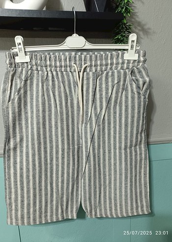 erkek Bej Çizgili Keten Pantolon kapri - Görsel 4