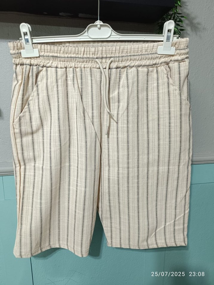 erkek Bej Çizgili Keten Pantolon kapri - Görsel 2