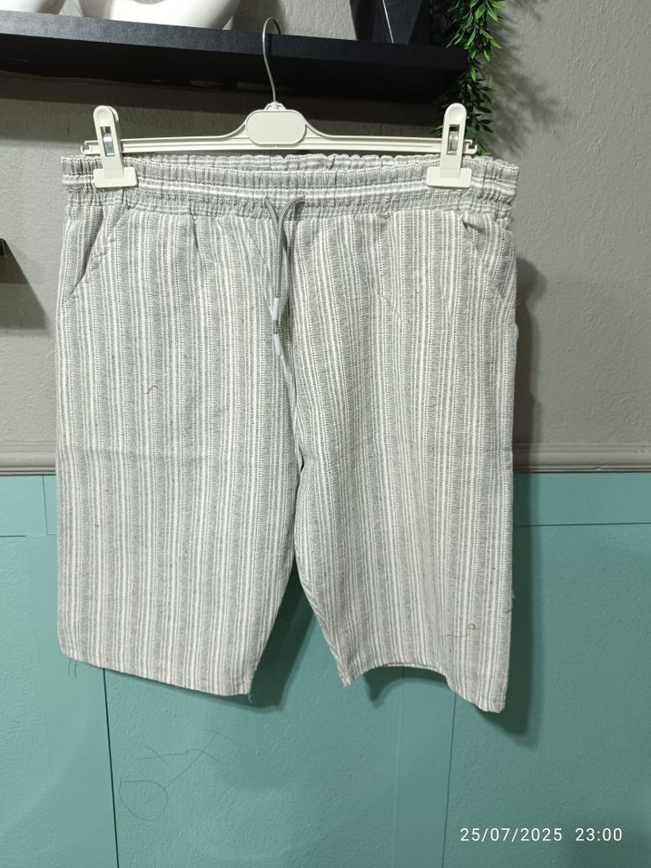 erkek Bej Çizgili Keten Pantolon kapri - Görsel 5