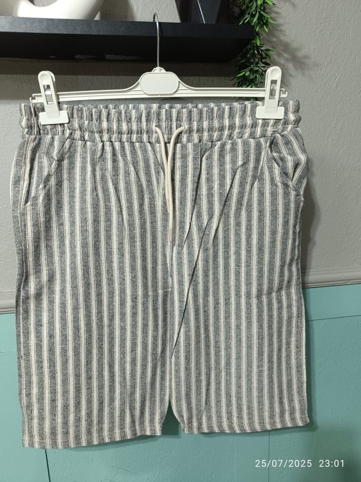 erkek Bej Çizgili Keten Pantolon kapri - Görsel 4