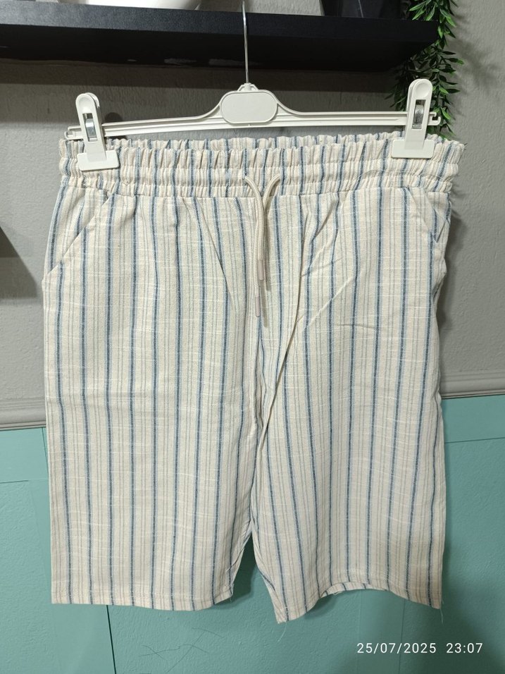 erkek Bej Çizgili Keten Pantolon kapri - Görsel 3