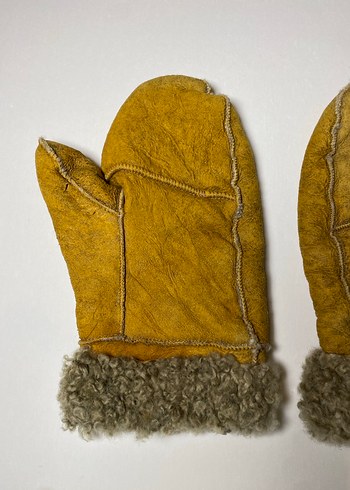 Vintage hardal deri eldiven  içi yünlü - Görsel 2