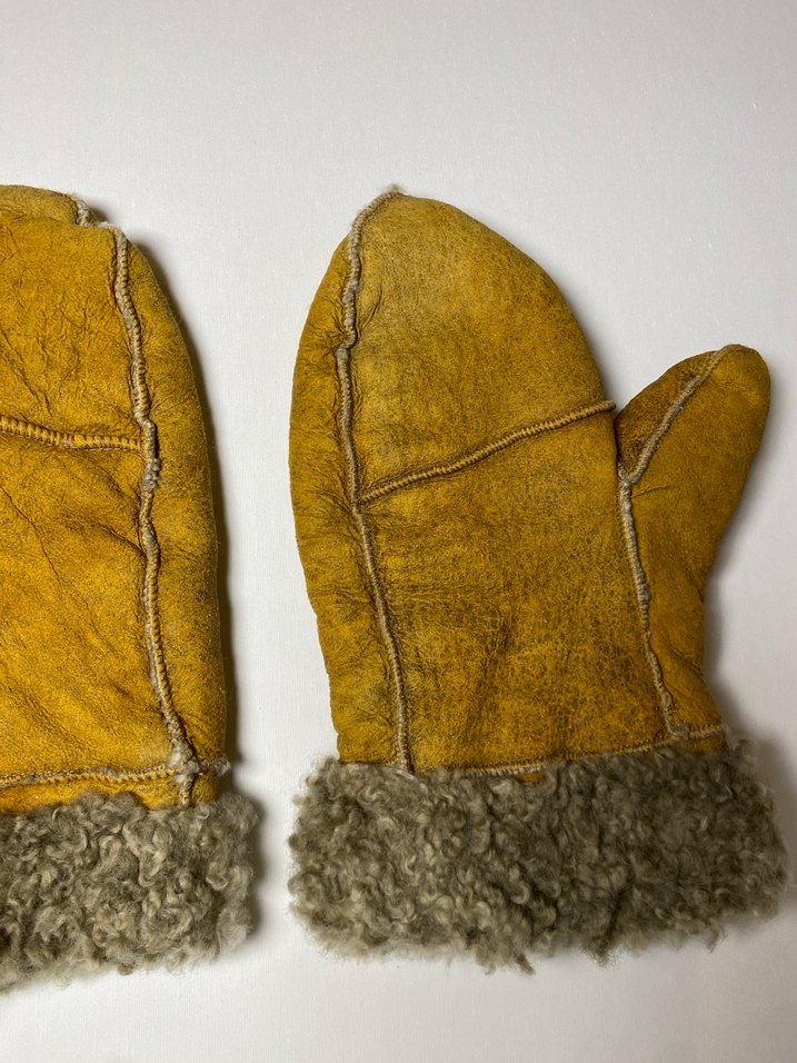 Vintage hardal deri eldiven  içi yünlü - Görsel 3